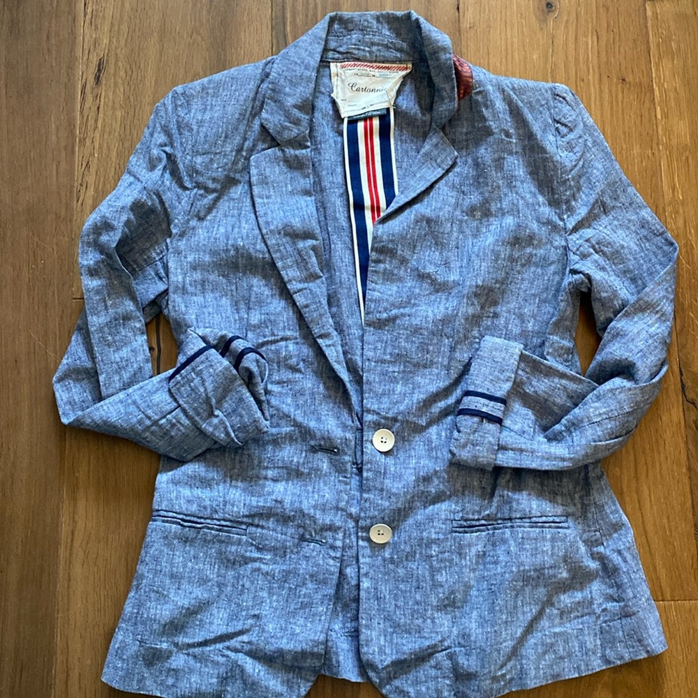 Anthropologie Cartonnier blue chambray linen cotton blazer, cute details size 0
